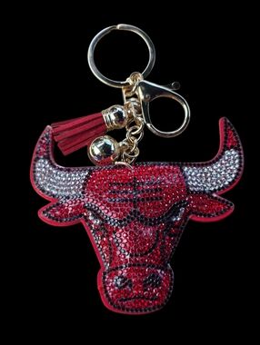 Rhinestone Chicago Bull Keychain with Tassel - Red